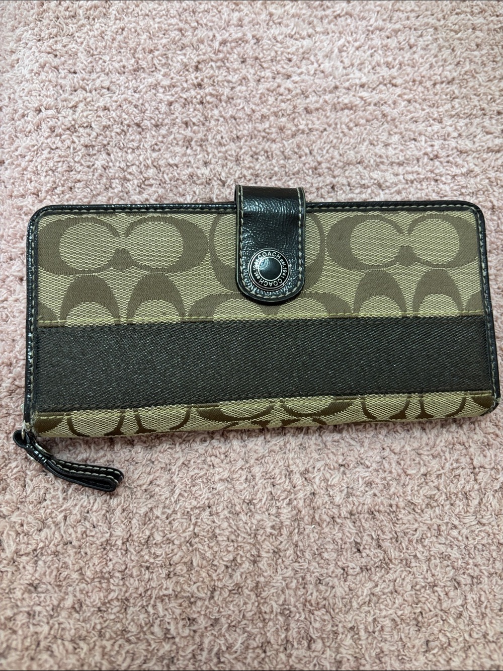 Coach Brown Signature Canvas Long Zip Wallet with Leather Trim